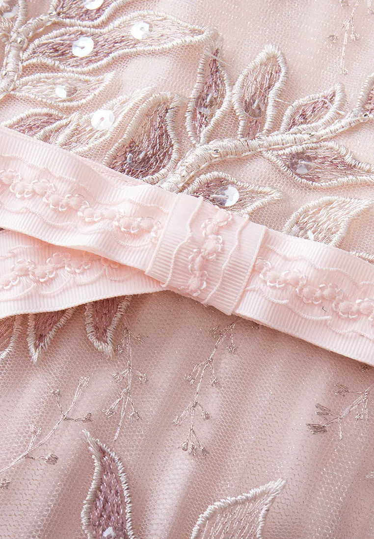 Tie-waist Sequin & Embroidery Mesh Dress