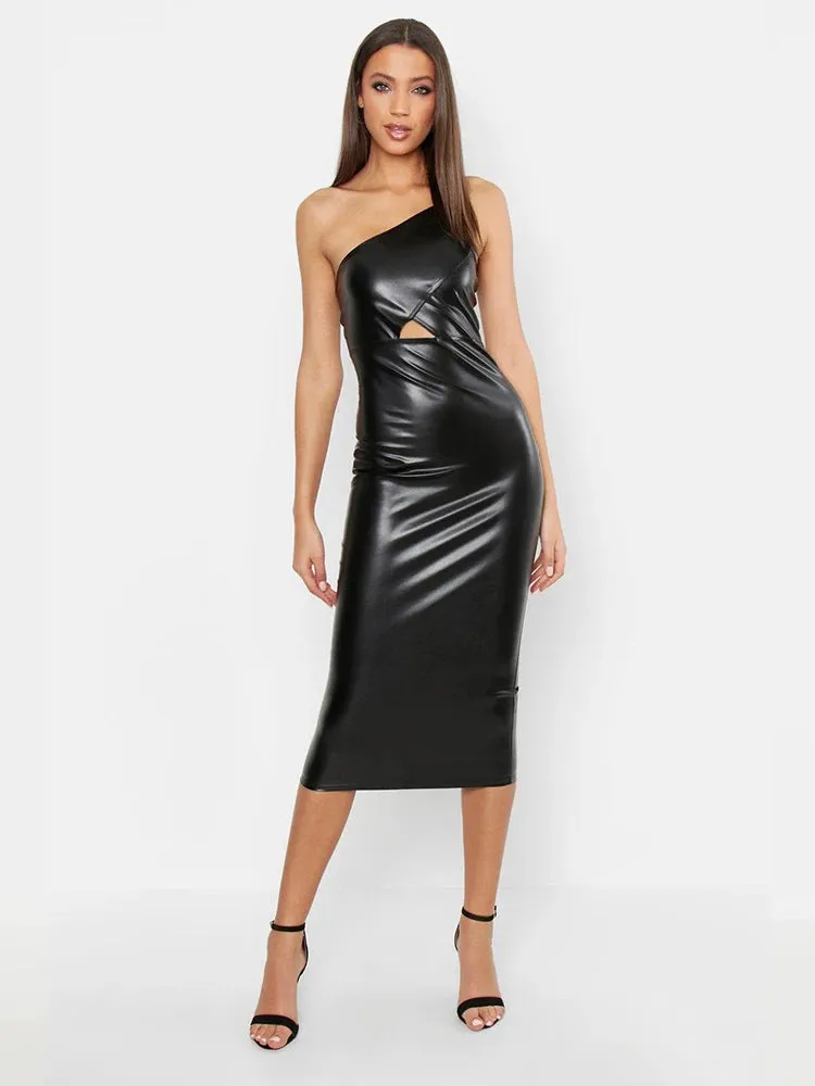 Trend4us Black One-Shoulder Cut-Out Leather Dress