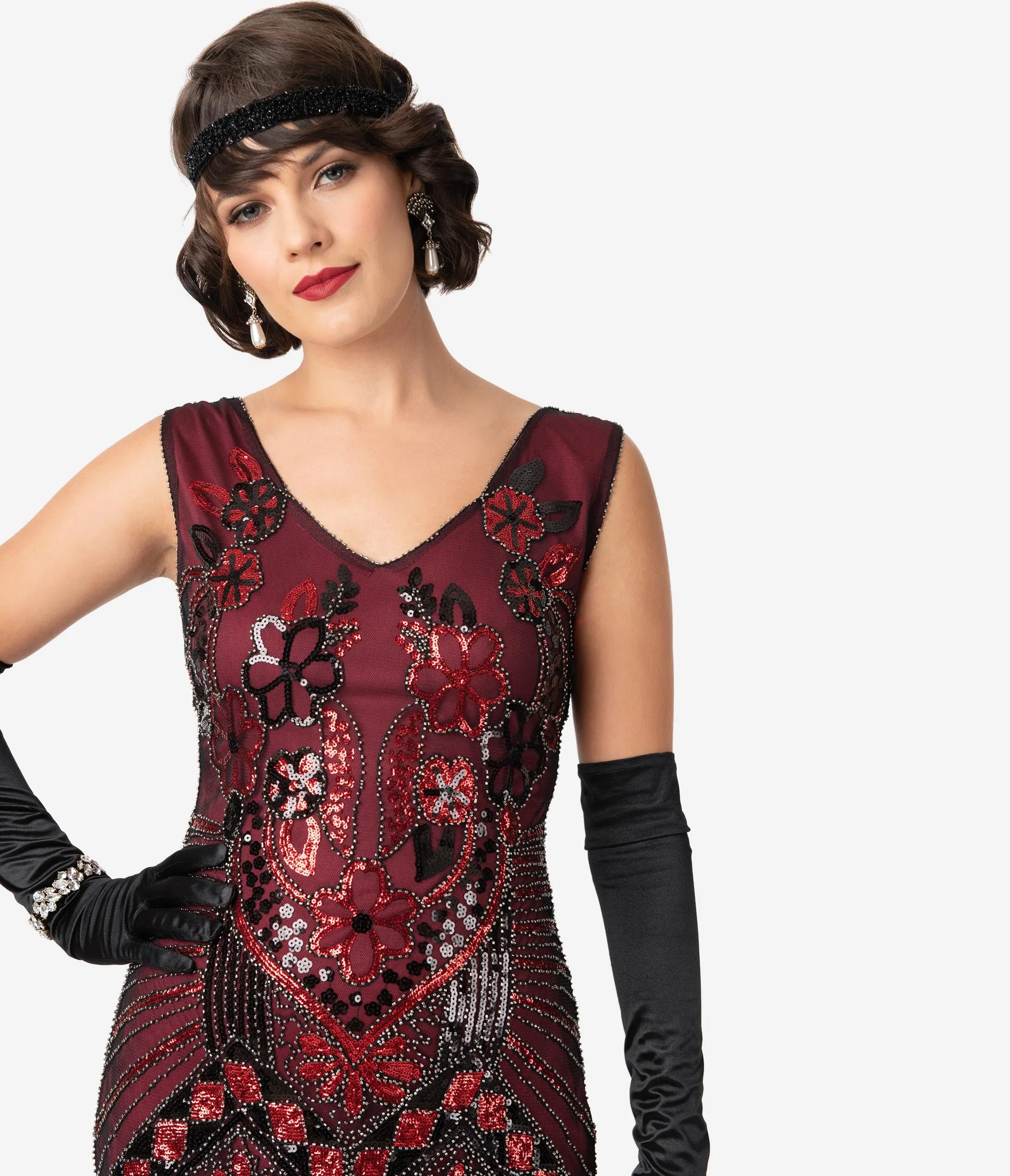 Unique Vintage 1920s Black & Red Beaded Fringe Charvelle Flapper Dress