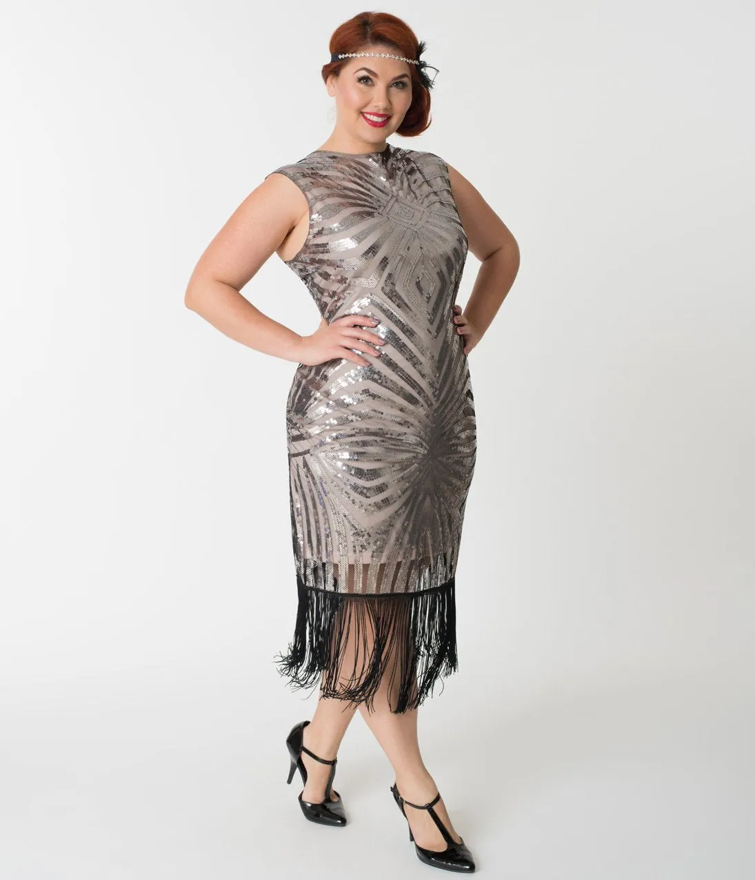 Unique Vintage Plus Size Silver Sequin & Black Fringe Sandrine Flapper Dress