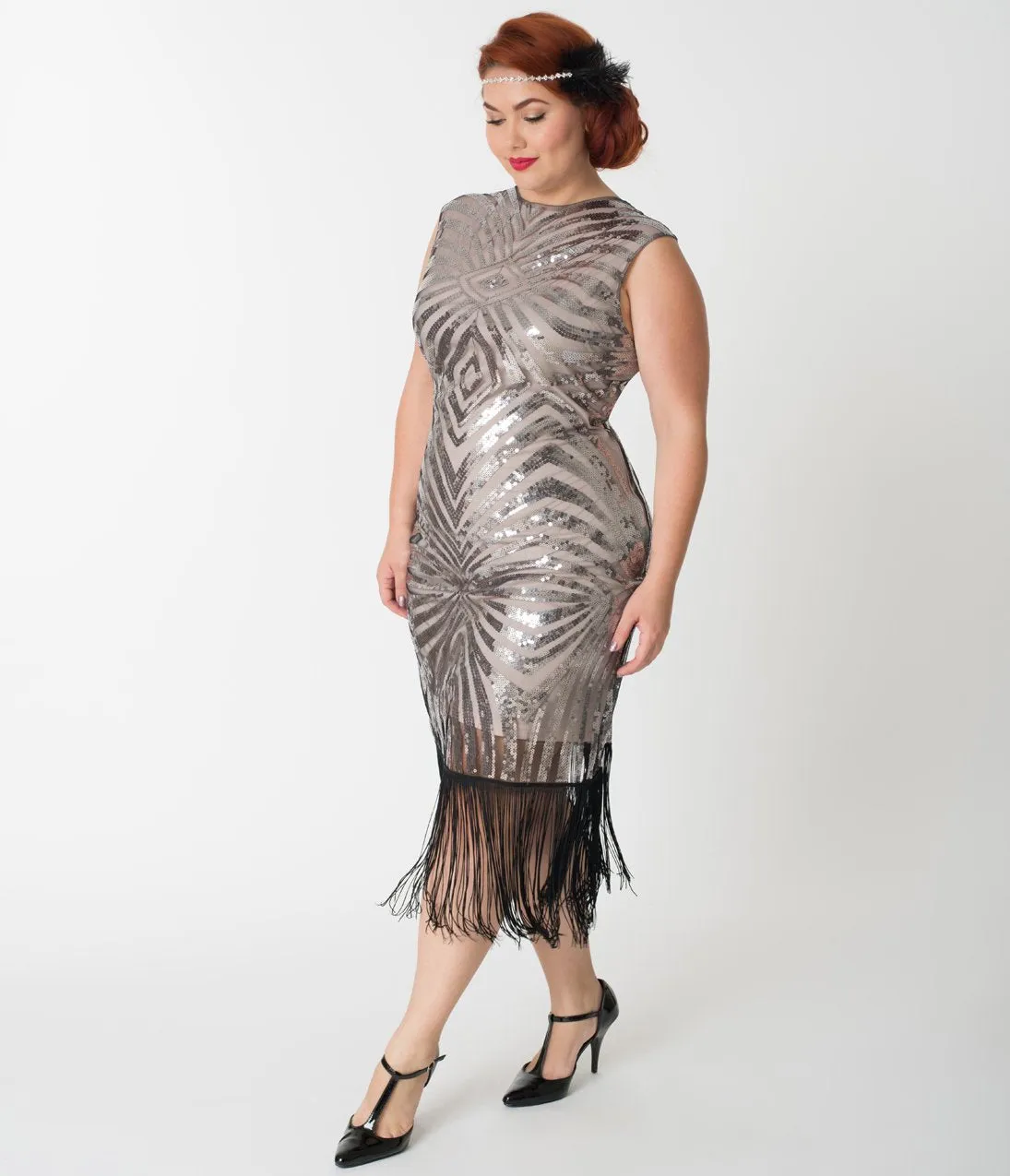 Unique Vintage Plus Size Silver Sequin & Black Fringe Sandrine Flapper Dress