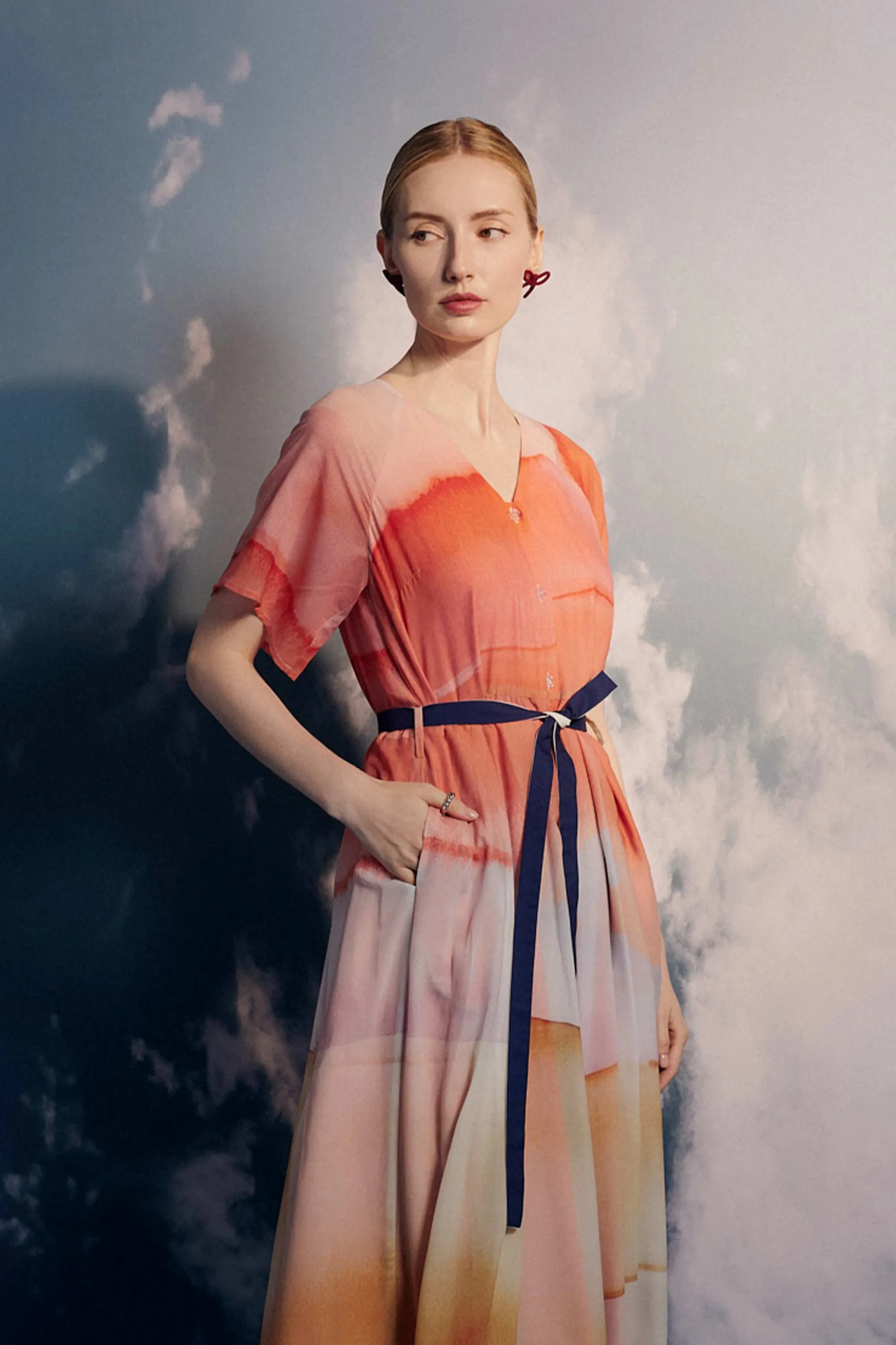 V-Neck Box Pleat Midi Dress (Evolve)