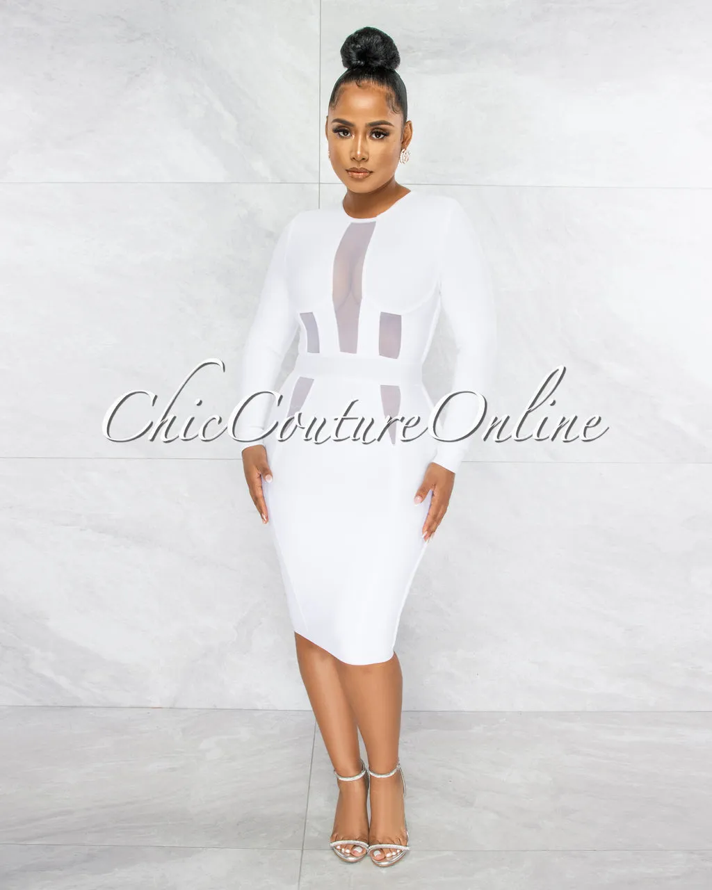 Valeda Off-White Mesh Details Bandage Midi Dress