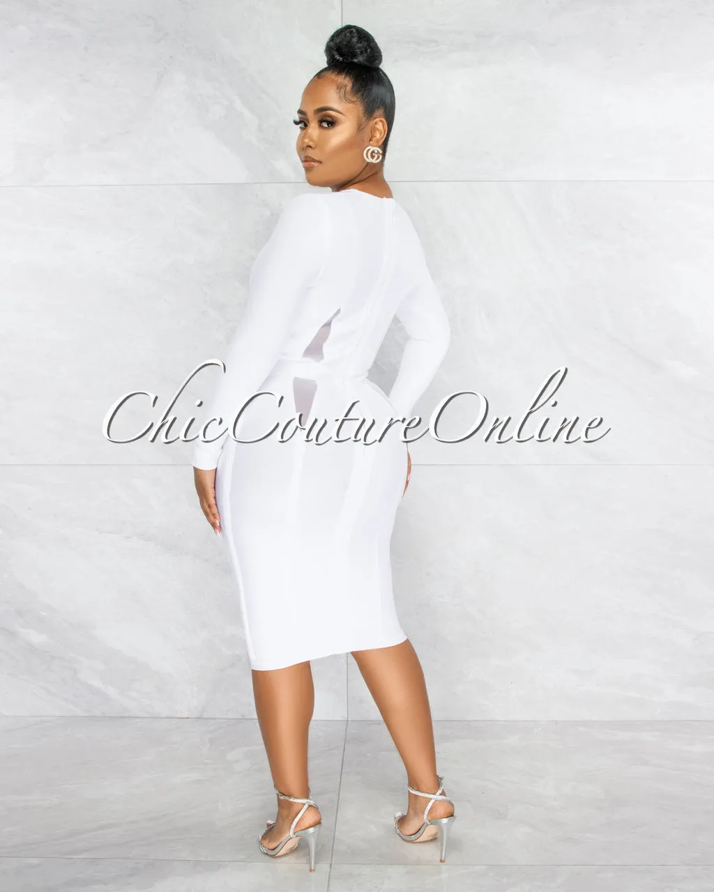 Valeda Off-White Mesh Details Bandage Midi Dress