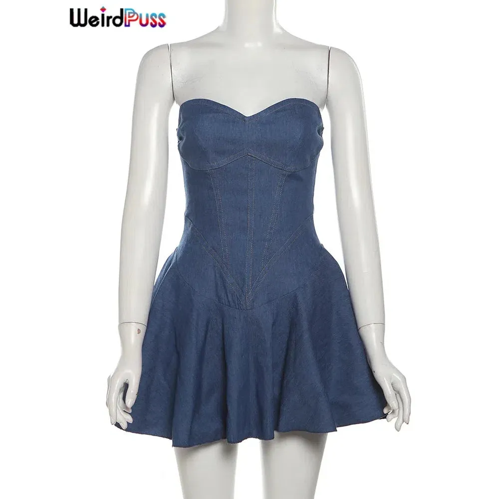 Weird Puss Fake Denim Strapless Sexy Dress For Summer Fun