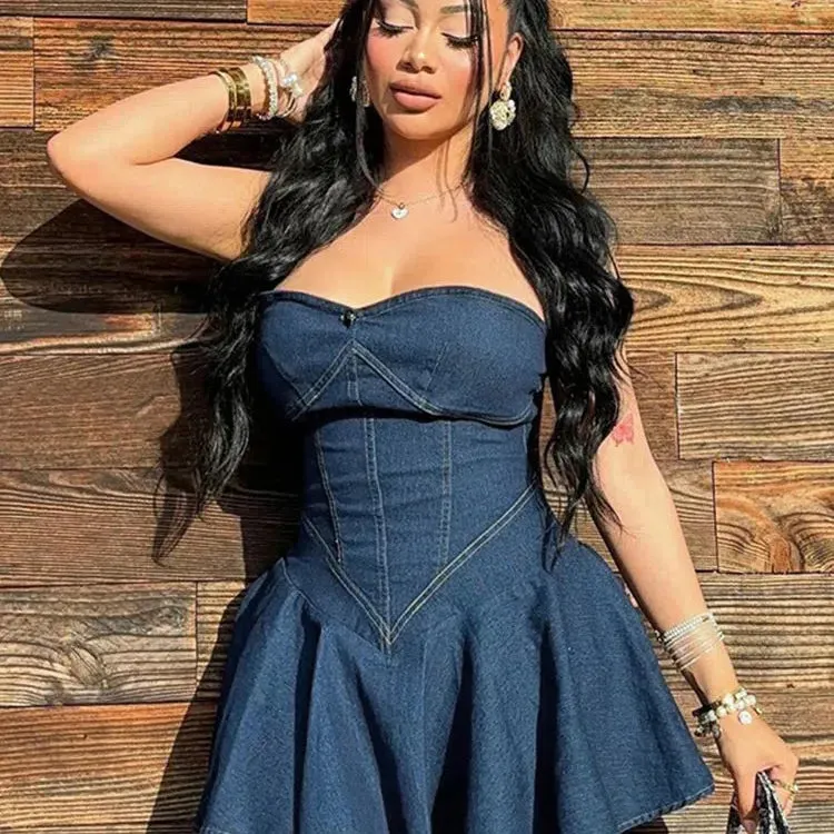Weird Puss Fake Denim Strapless Sexy Dress For Summer Fun