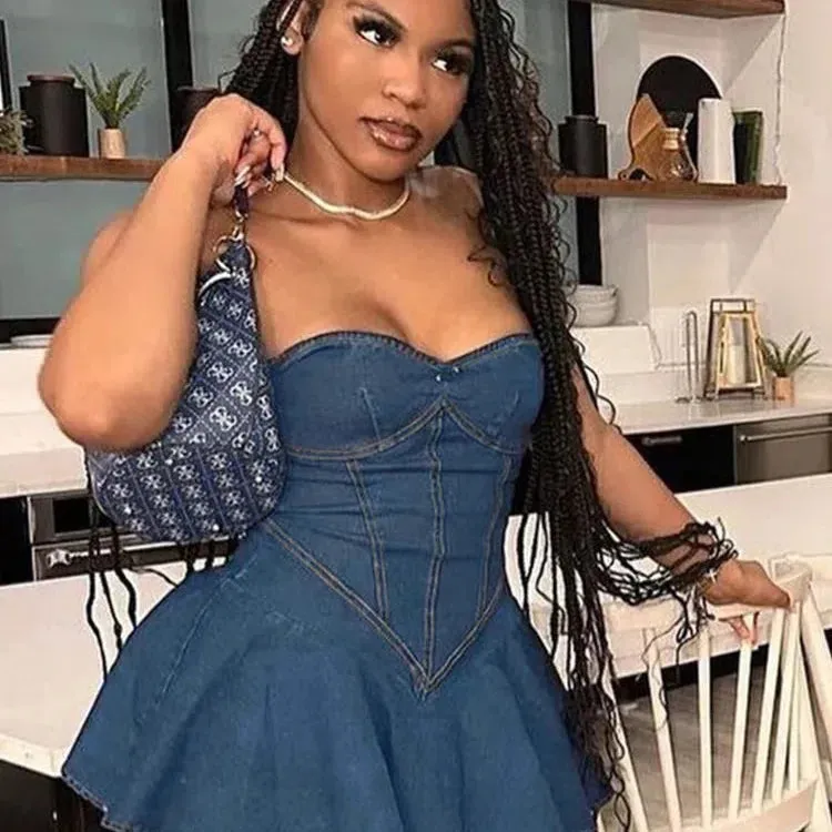Weird Puss Fake Denim Strapless Sexy Dress For Summer Fun