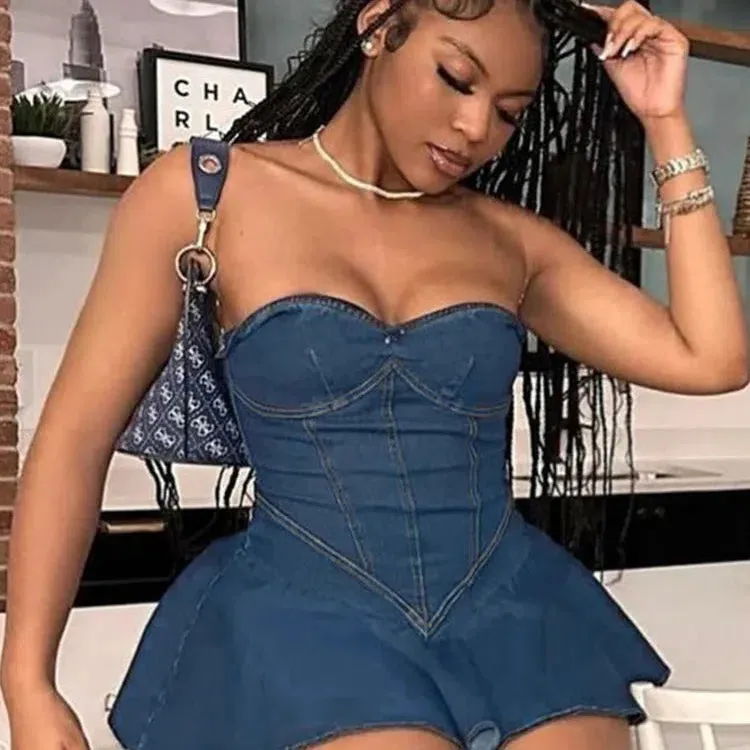 Weird Puss Fake Denim Strapless Sexy Dress For Summer Fun