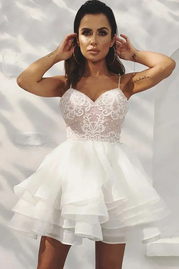 White A-line Spaghetti Straps Sweetheart Homecoming Dress With Appliques, SH543