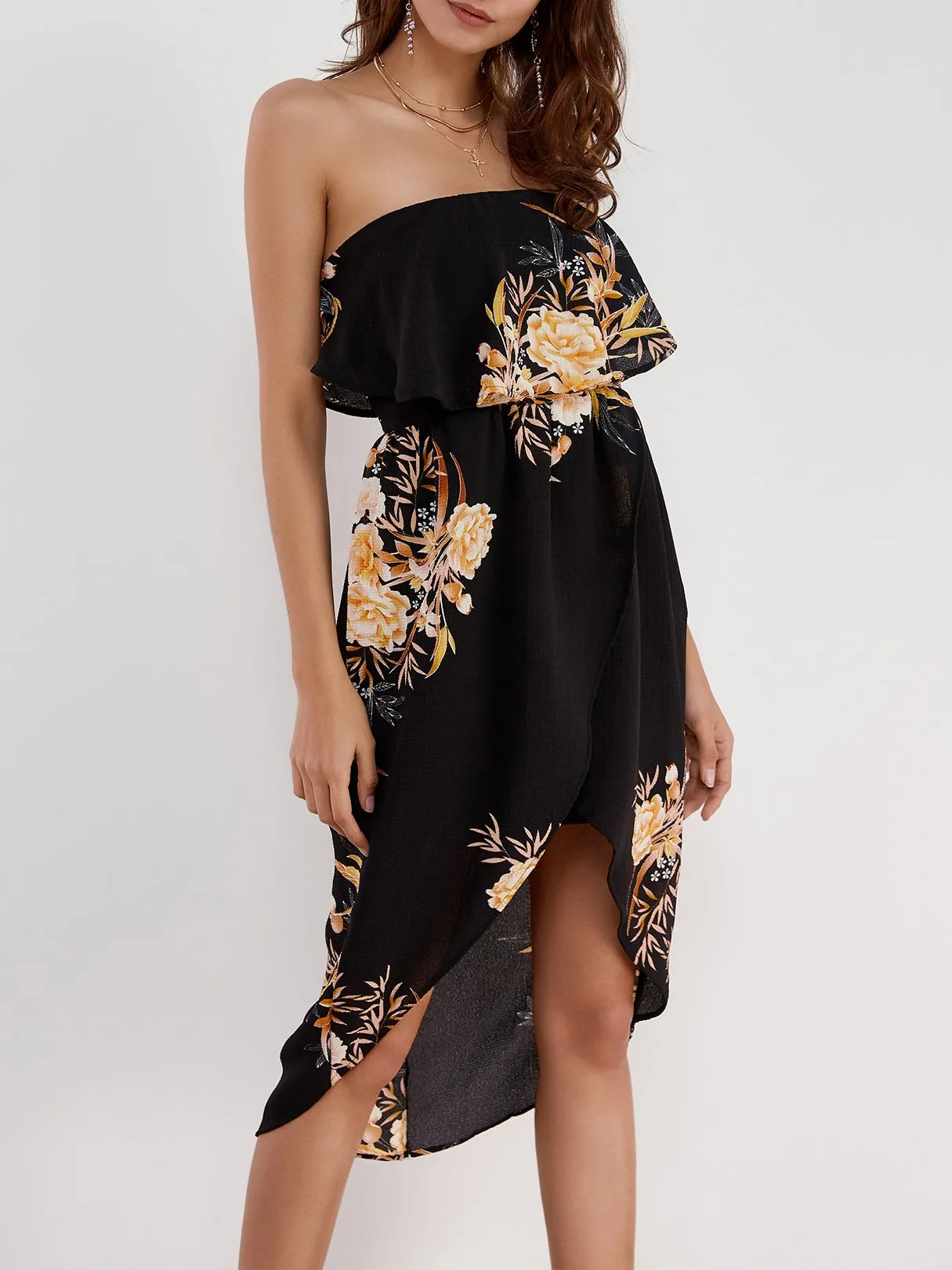Wholesale Black Strapless Off The Shoulder Sleeveless Floral Print Tiered Slit Hem Dresses