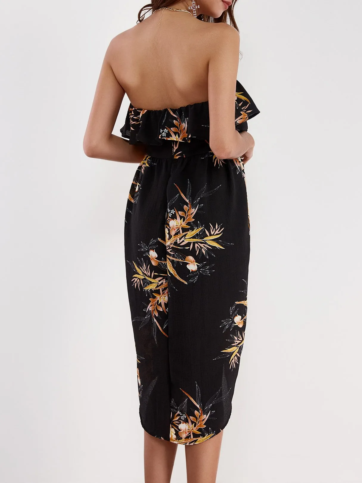Wholesale Black Strapless Off The Shoulder Sleeveless Floral Print Tiered Slit Hem Dresses
