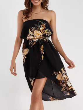 Wholesale Black Strapless Off The Shoulder Sleeveless Floral Print Tiered Slit Hem Dresses