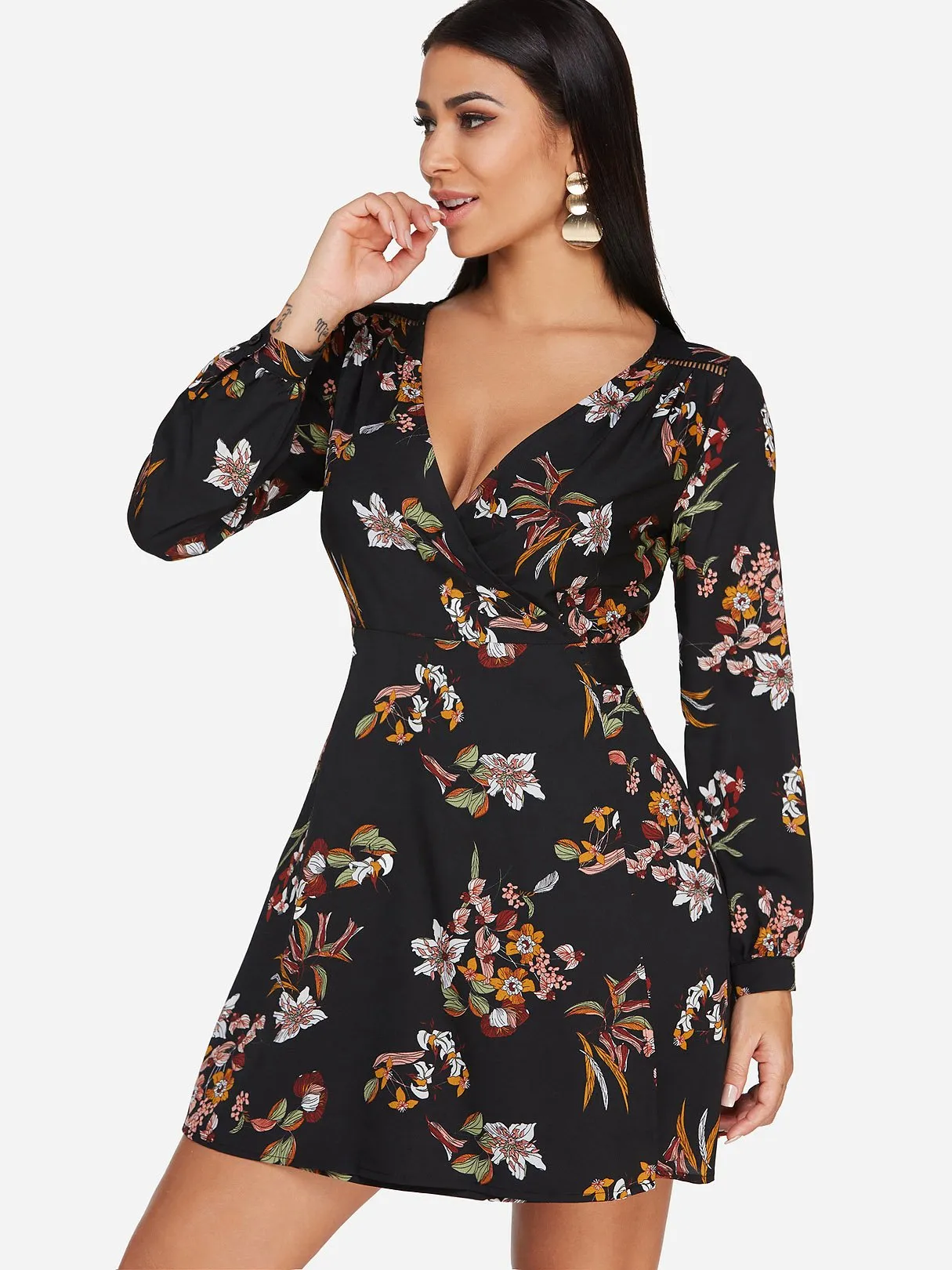 Wholesale Black V-Neck Long Sleeve Floral Print Hollow Self-Tie Wrap Dresses