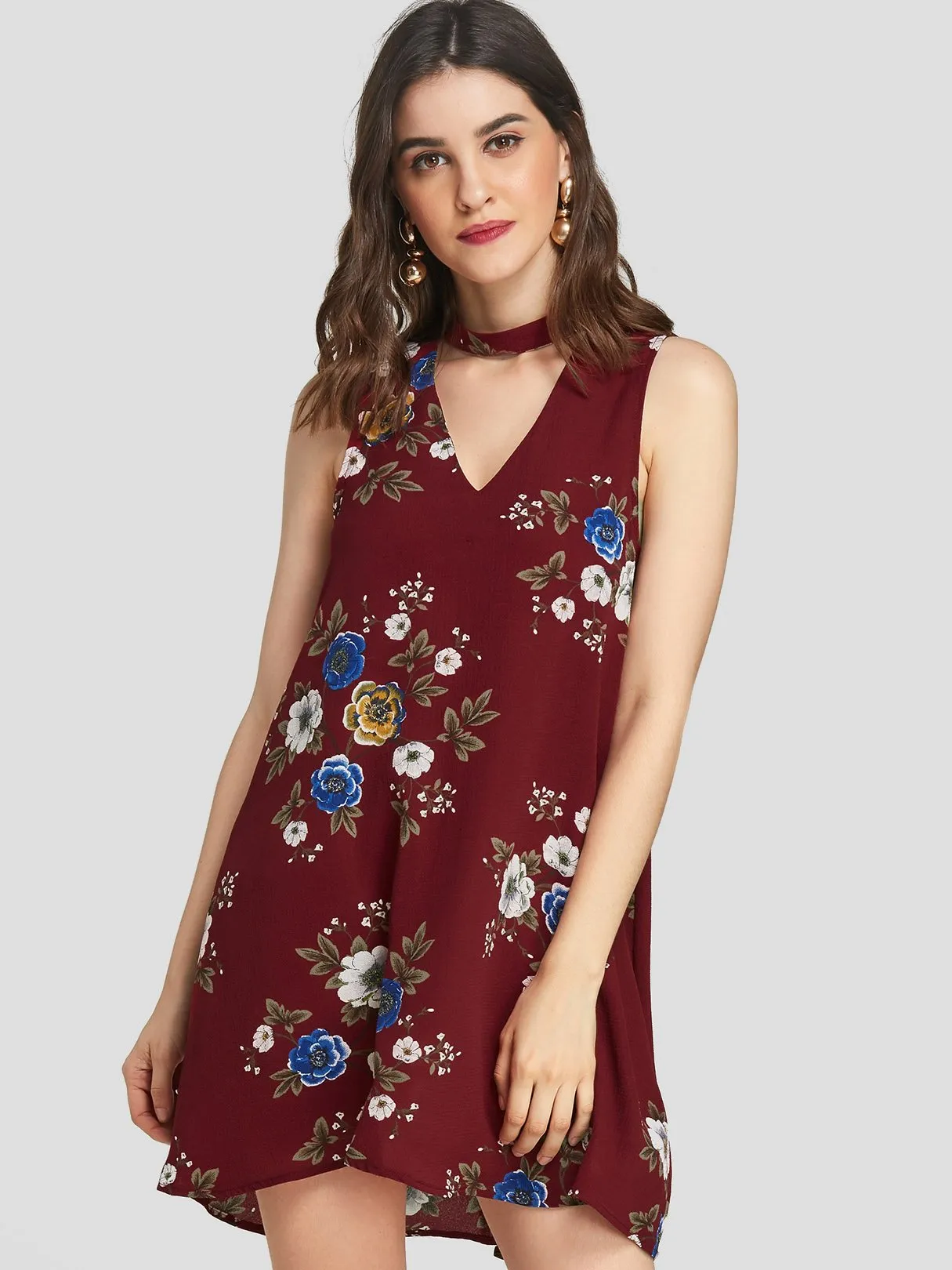 Wholesale Burgundy V-Neck Sleeveless Floral Print Cut Out Dresses