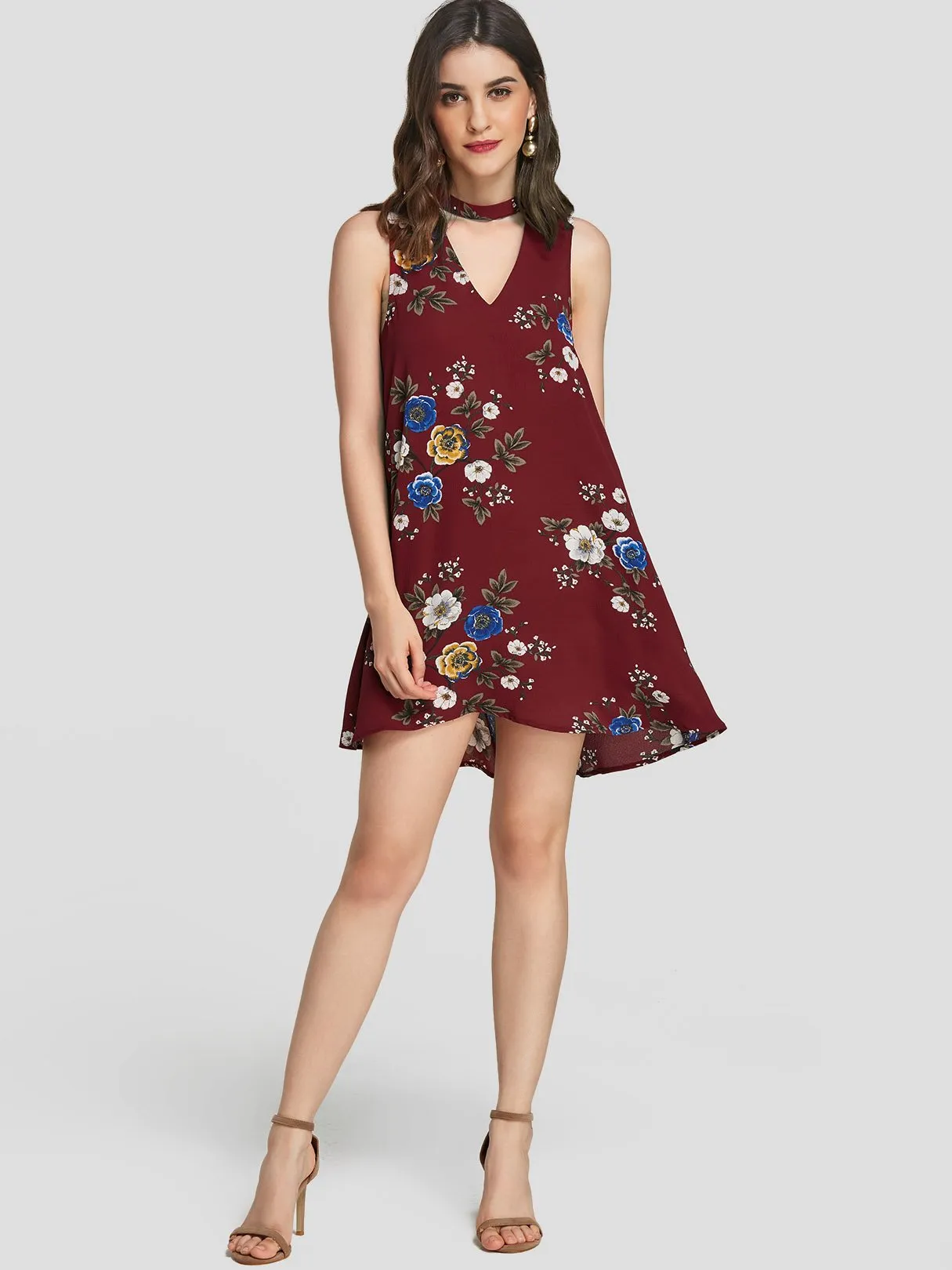 Wholesale Burgundy V-Neck Sleeveless Floral Print Cut Out Dresses