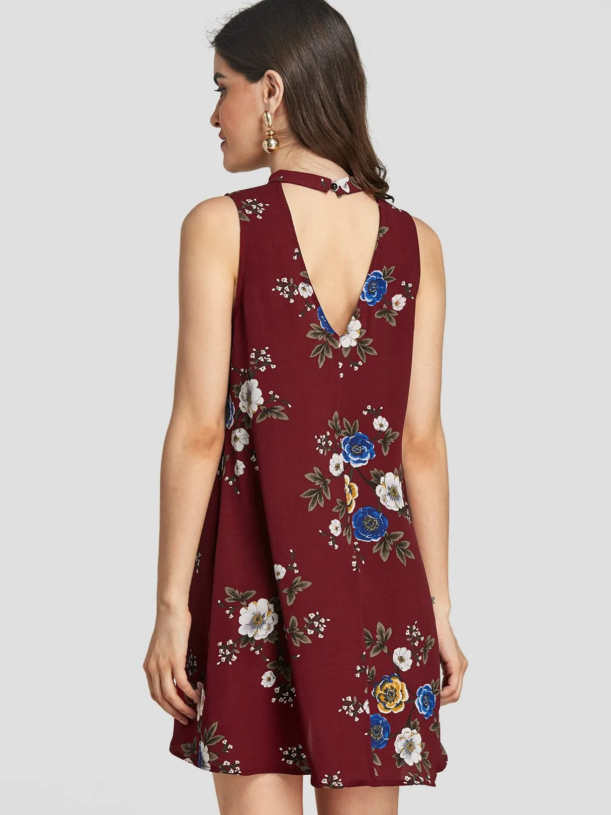 Wholesale Burgundy V-Neck Sleeveless Floral Print Cut Out Dresses