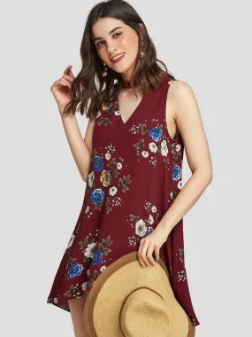 Wholesale Burgundy V-Neck Sleeveless Floral Print Cut Out Dresses