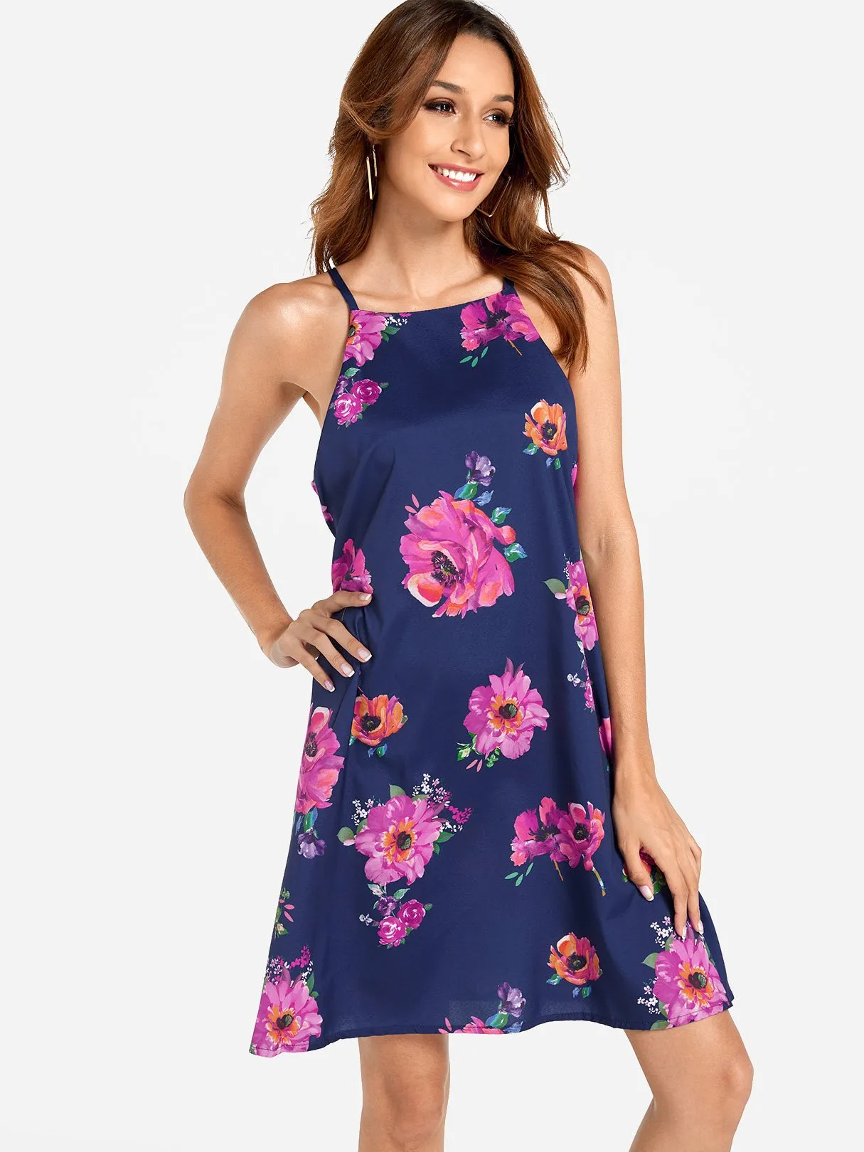 Wholesale Halter Sleeveless Floral Print Cut Out Dresses