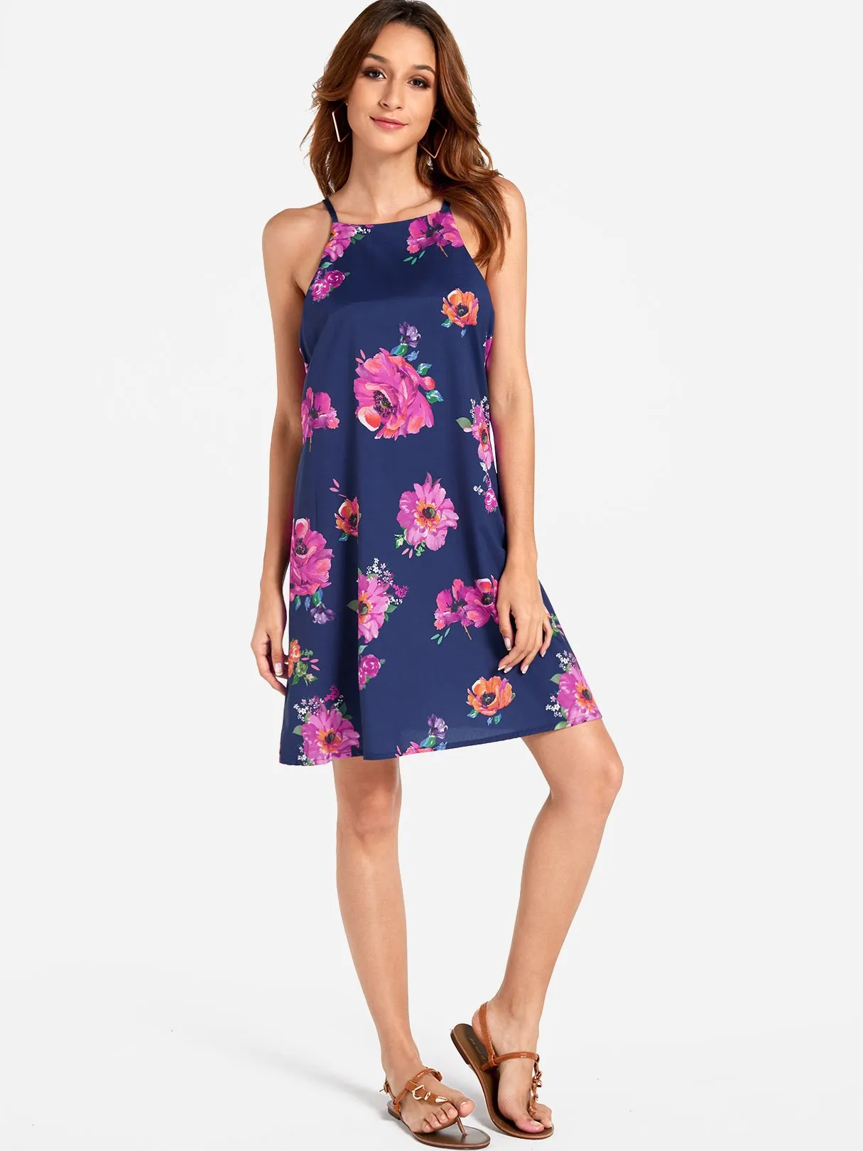 Wholesale Halter Sleeveless Floral Print Cut Out Dresses