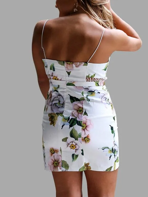 Wholesale Halter Sleeveless Floral Print Hollow Dresses