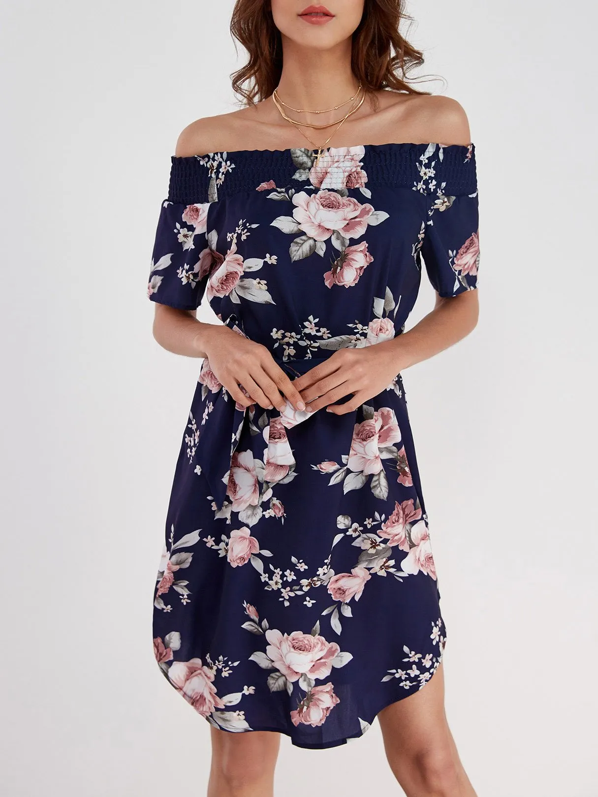 Wholesale Navy Off The Shoulder Short Sleeve Floral Print Curved Hem Dresses