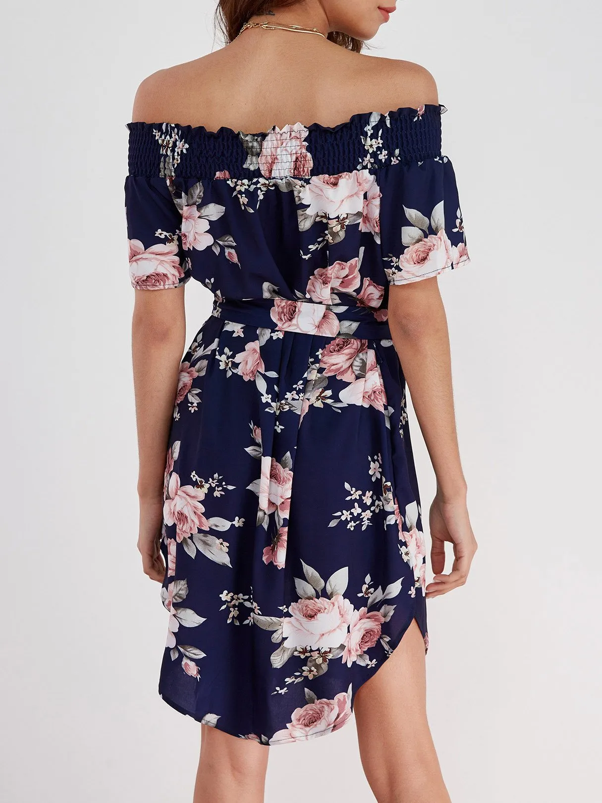 Wholesale Navy Off The Shoulder Short Sleeve Floral Print Curved Hem Dresses