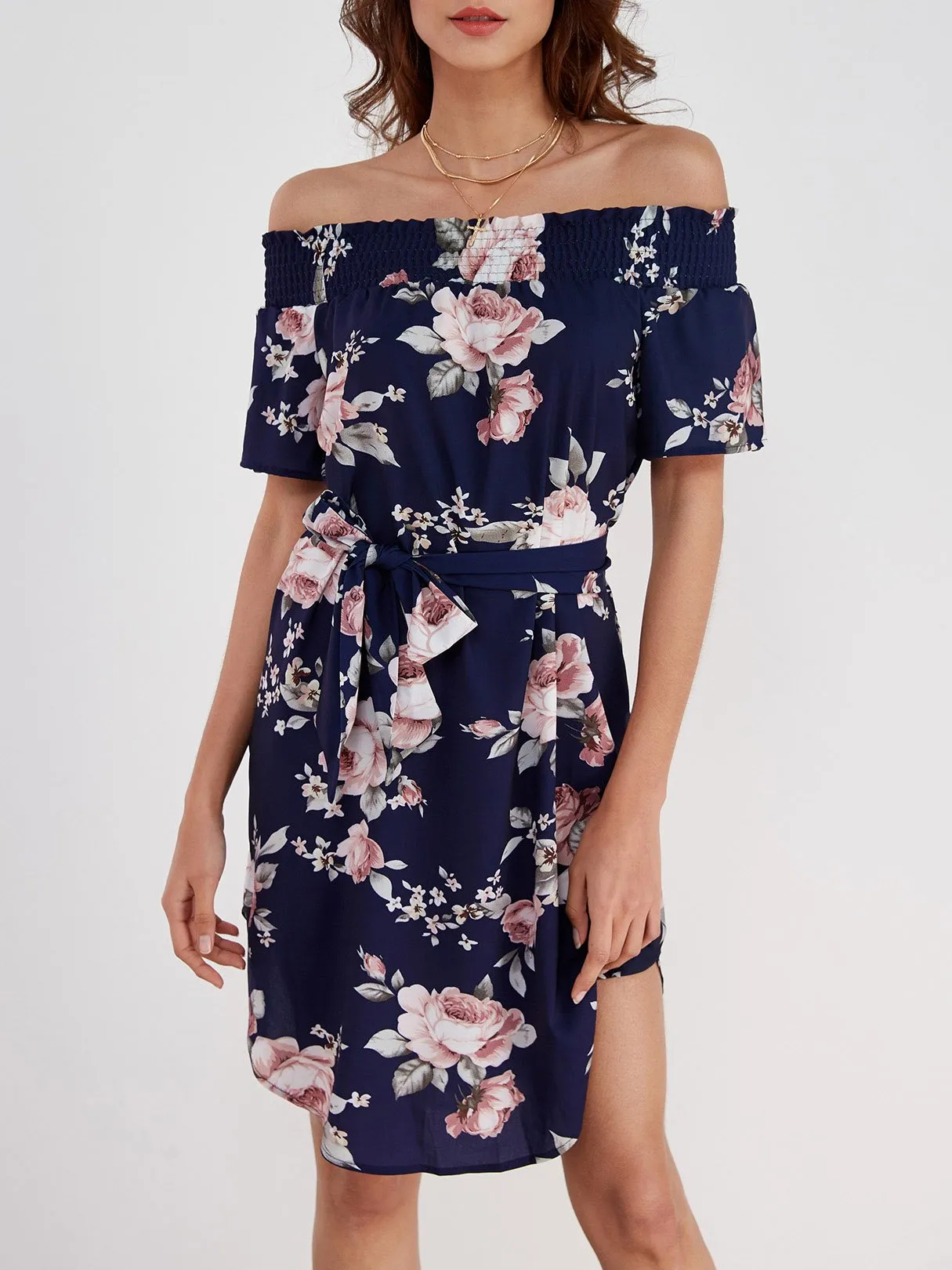 Wholesale Navy Off The Shoulder Short Sleeve Floral Print Curved Hem Dresses