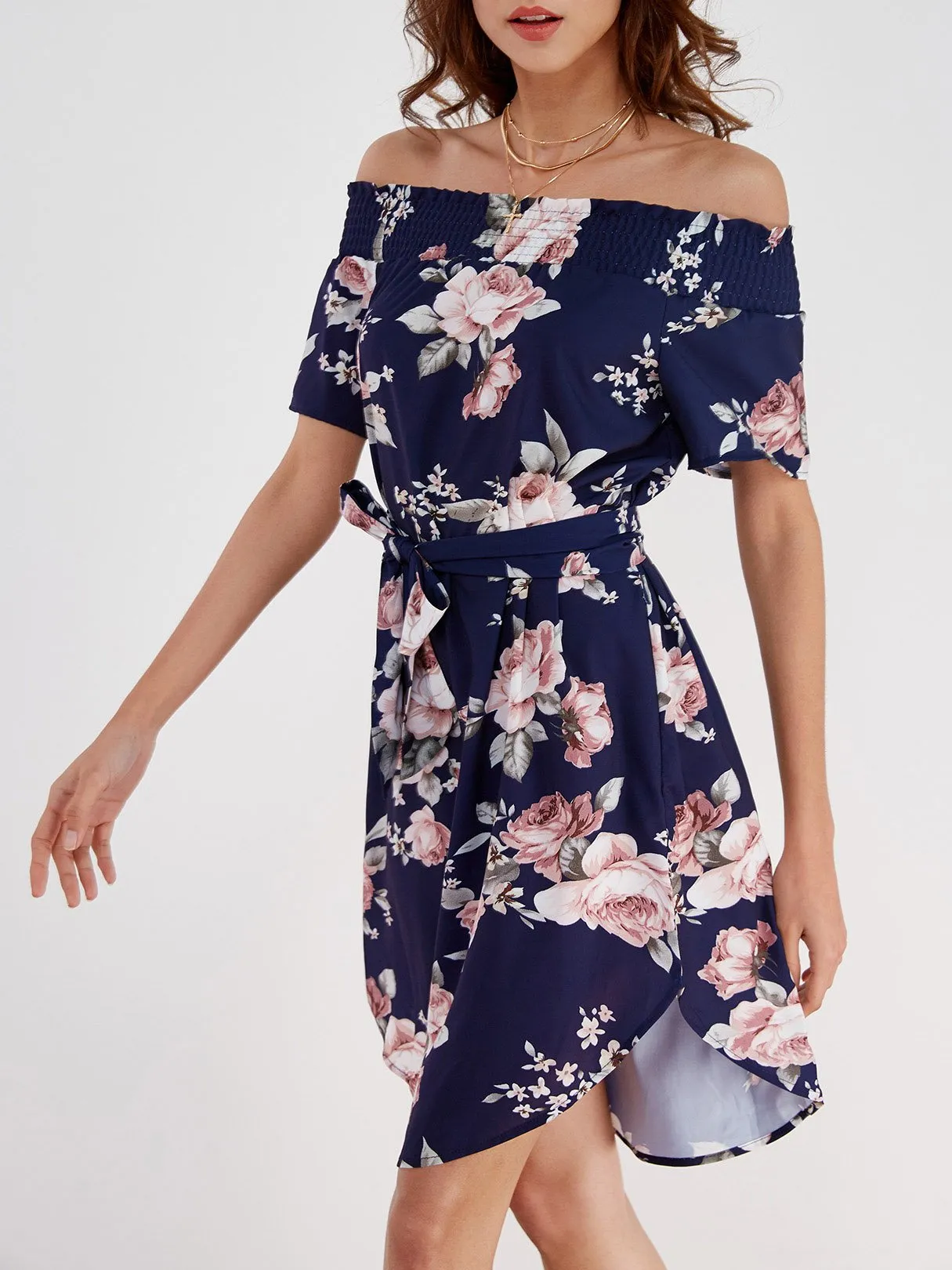Wholesale Navy Off The Shoulder Short Sleeve Floral Print Curved Hem Dresses