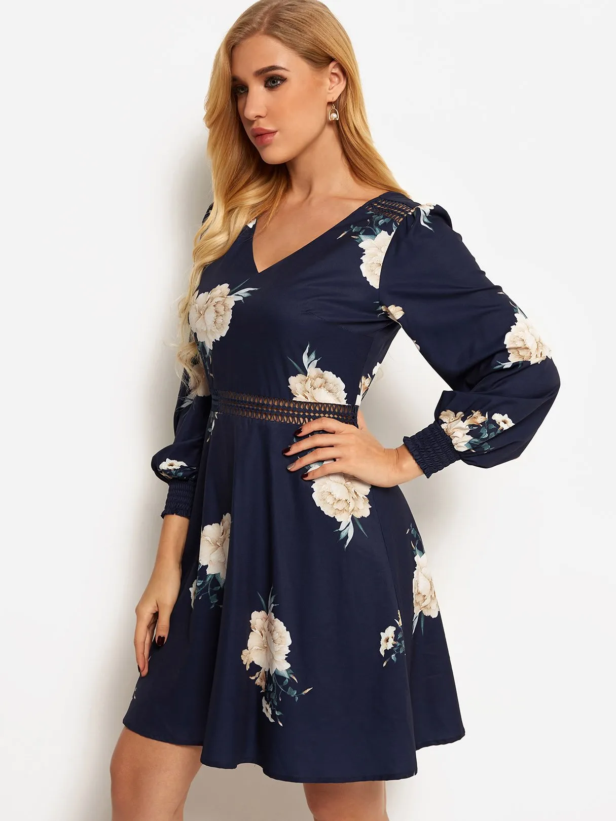 Wholesale Navy V-Neck 3/4 Length Sleeve Floral Print Hollow Dresses
