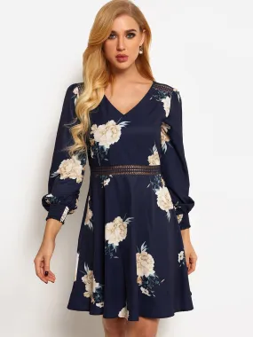 Wholesale Navy V-Neck 3/4 Length Sleeve Floral Print Hollow Dresses
