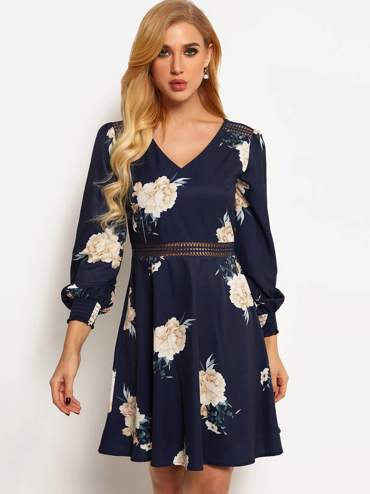 Wholesale Navy V-Neck 3/4 Length Sleeve Floral Print Hollow Dresses