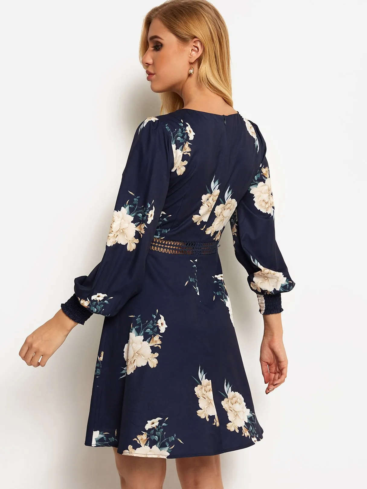 Wholesale Navy V-Neck 3/4 Length Sleeve Floral Print Hollow Dresses