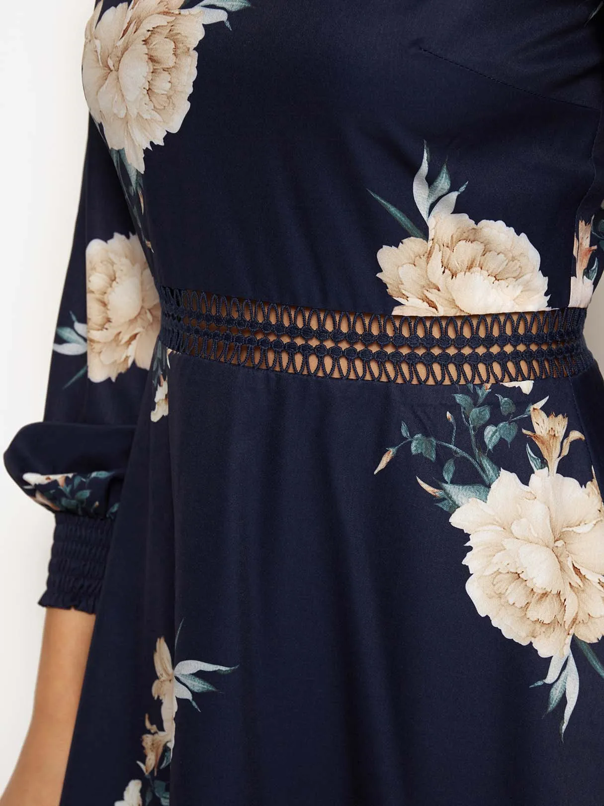 Wholesale Navy V-Neck 3/4 Length Sleeve Floral Print Hollow Dresses