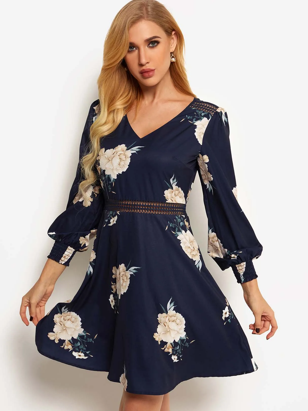 Wholesale Navy V-Neck 3/4 Length Sleeve Floral Print Hollow Dresses