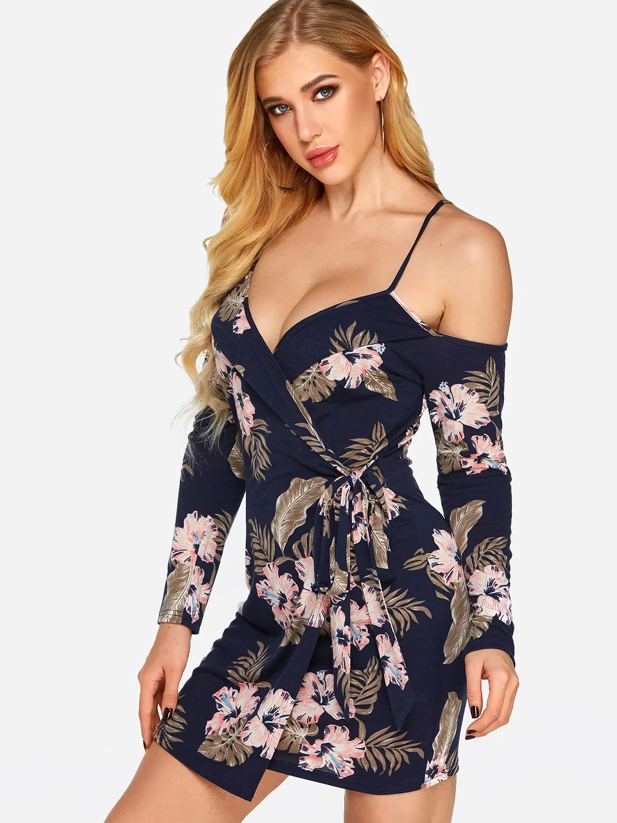 Wholesale Navy V-Neck Long Sleeve Floral Print Backless Lace-Up Wrap Irregular Hem Dresses