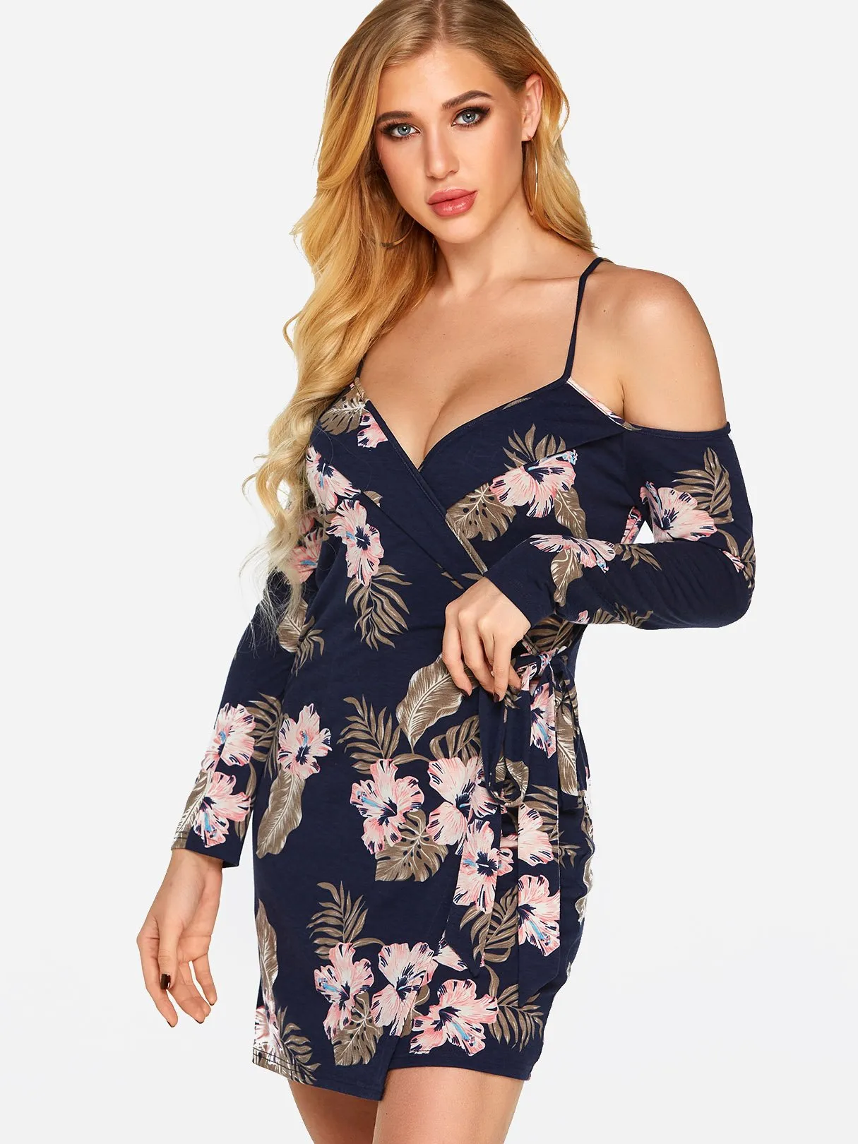 Wholesale Navy V-Neck Long Sleeve Floral Print Backless Lace-Up Wrap Irregular Hem Dresses