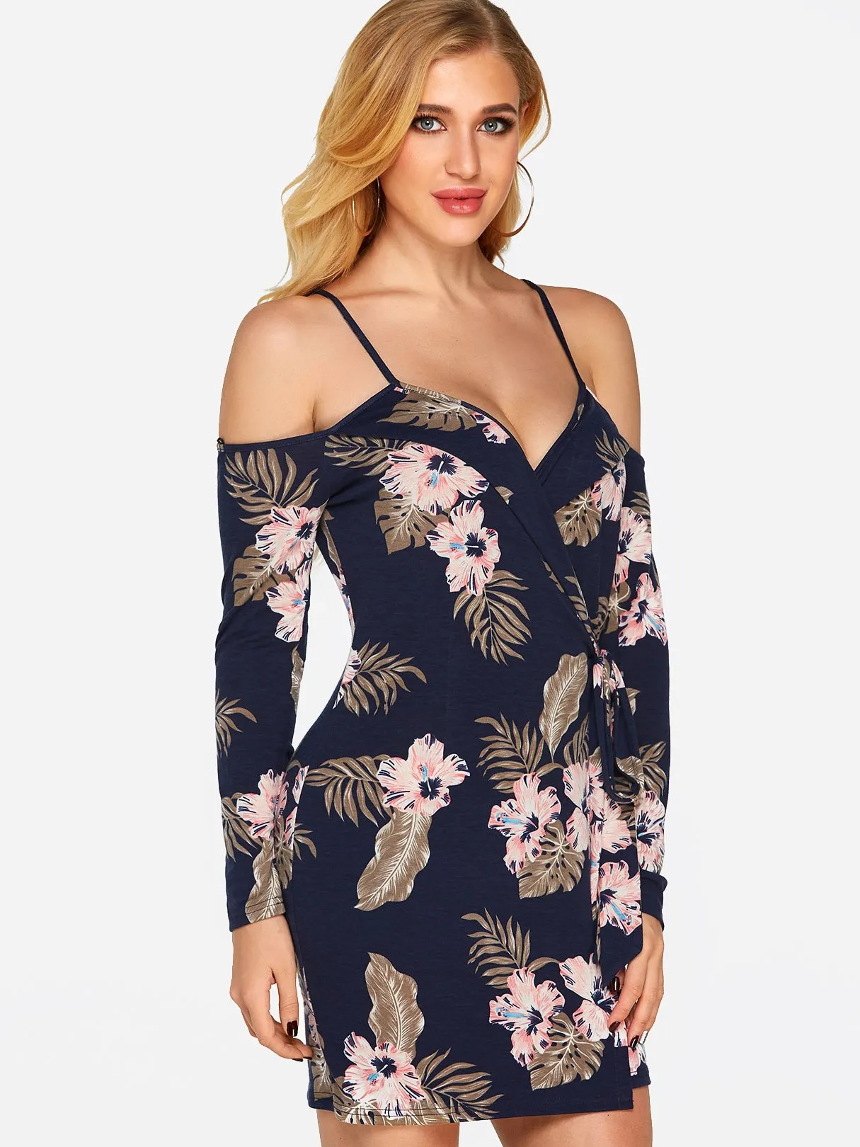 Wholesale Navy V-Neck Long Sleeve Floral Print Backless Lace-Up Wrap Irregular Hem Dresses
