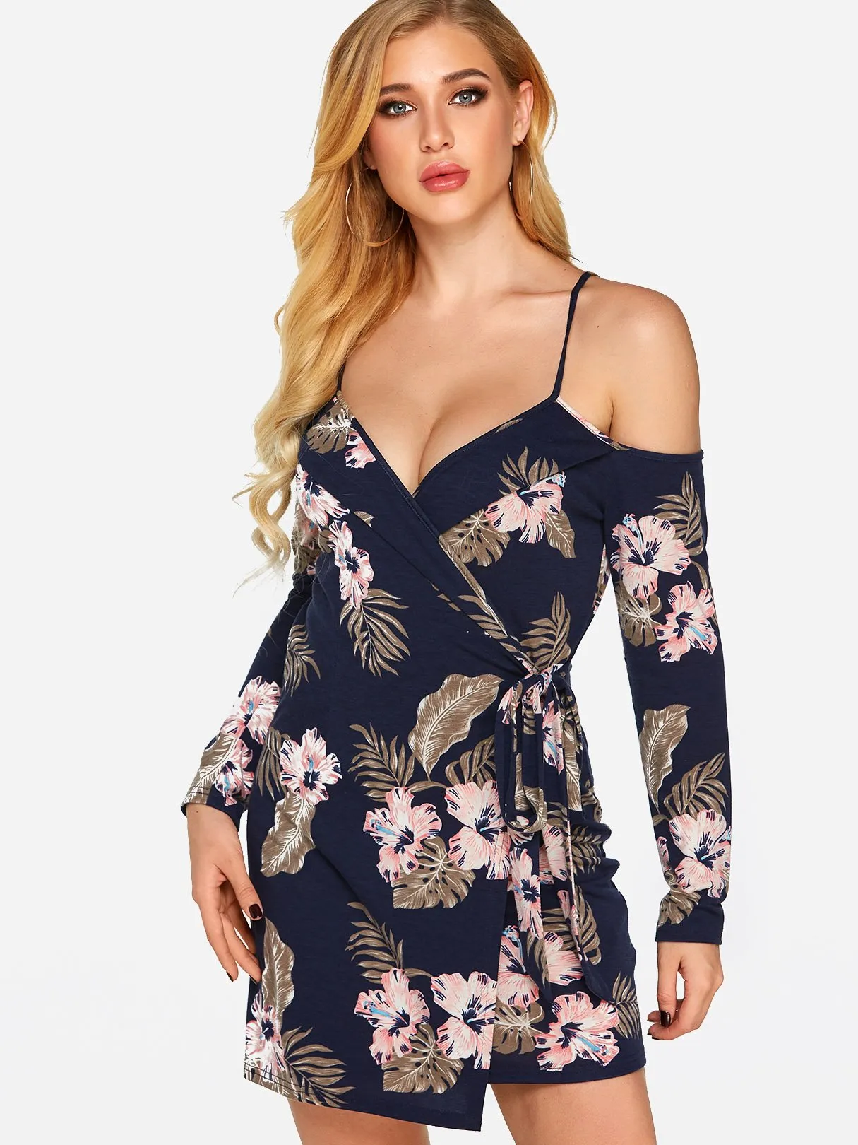 Wholesale Navy V-Neck Long Sleeve Floral Print Backless Lace-Up Wrap Irregular Hem Dresses