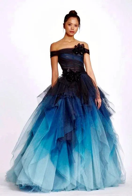 Women's Dark Blue Ombre Tulle Sleeveless Layered Fantasy Evening Ball Gown