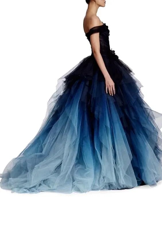 Women's Dark Blue Ombre Tulle Sleeveless Layered Fantasy Evening Ball Gown