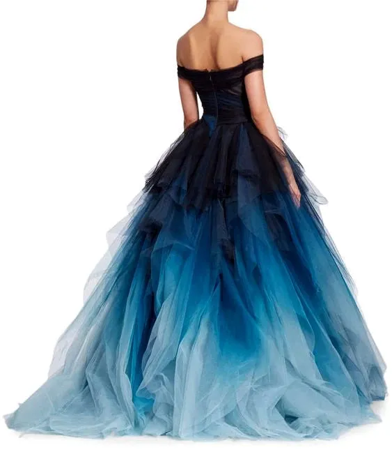 Women's Dark Blue Ombre Tulle Sleeveless Layered Fantasy Evening Ball Gown