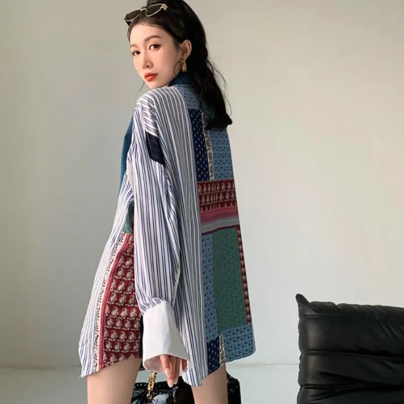 Women's Denim Patchwork Pattern Shirt Dress Loose Korean Style