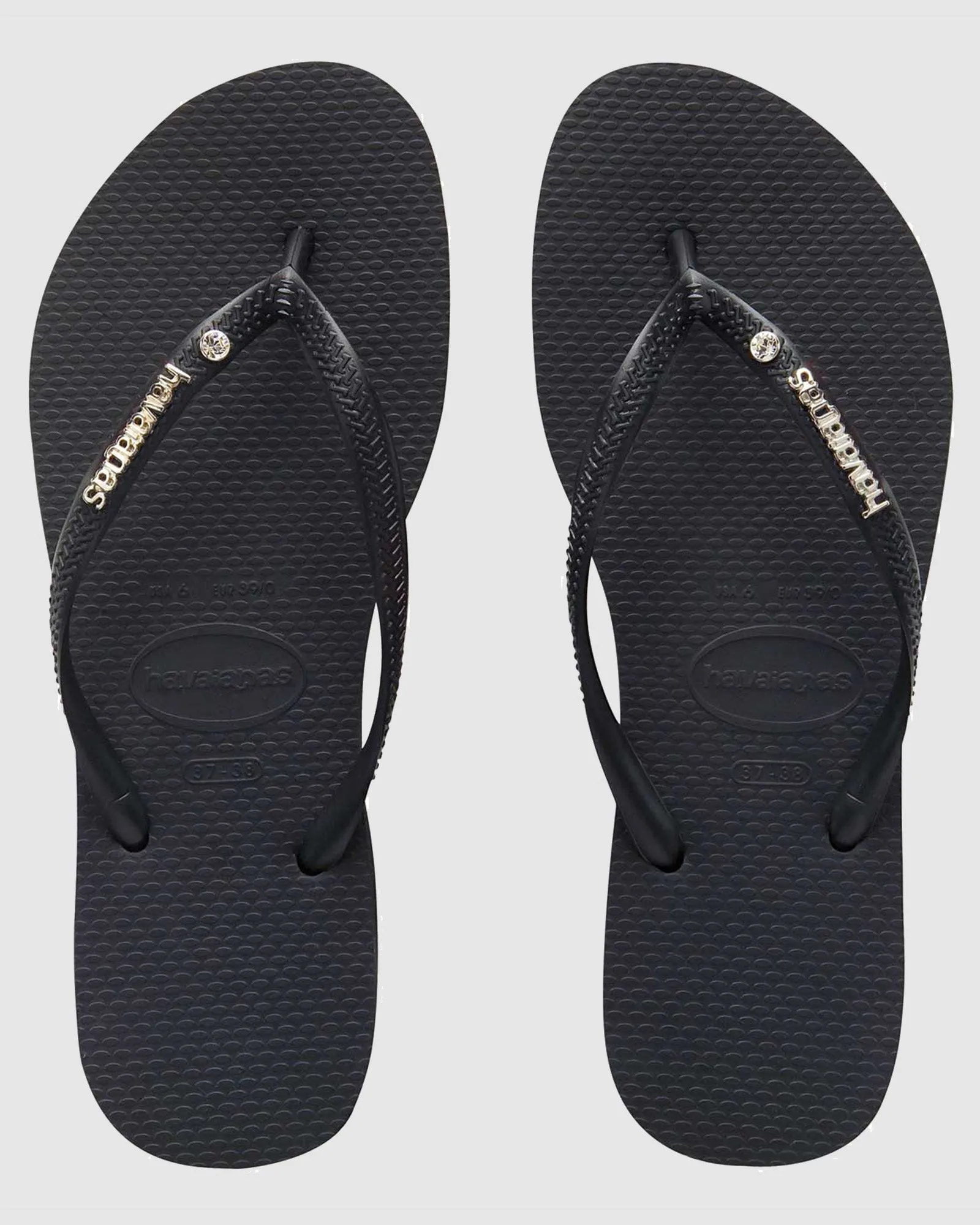 WOMENS SLIM METAL LOGO CRYSTAL THONGS