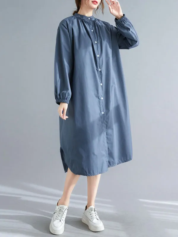 xakxx A-Line Long Sleeves Buttoned Elasticity Split-Side Mock Neck Midi Dresses Shirt Dress