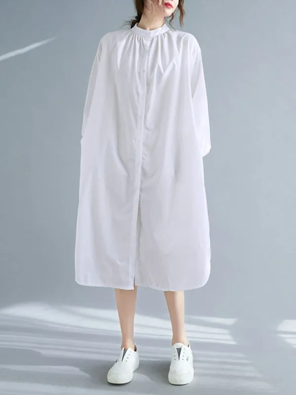 xakxx A-Line Long Sleeves Buttoned Elasticity Split-Side Mock Neck Midi Dresses Shirt Dress