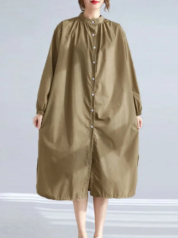 xakxx A-Line Long Sleeves Buttoned Elasticity Split-Side Mock Neck Midi Dresses Shirt Dress