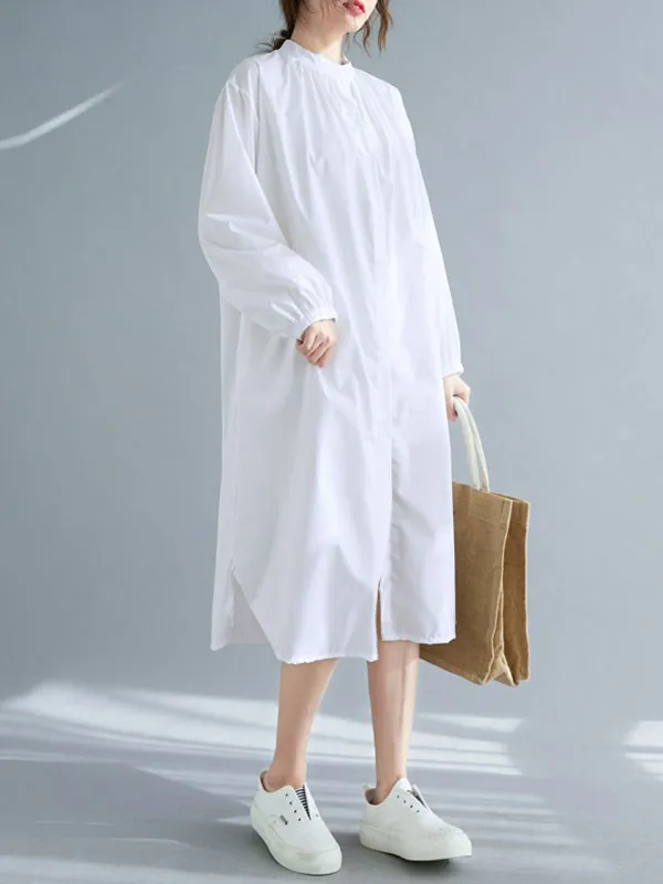 xakxx A-Line Long Sleeves Buttoned Elasticity Split-Side Mock Neck Midi Dresses Shirt Dress