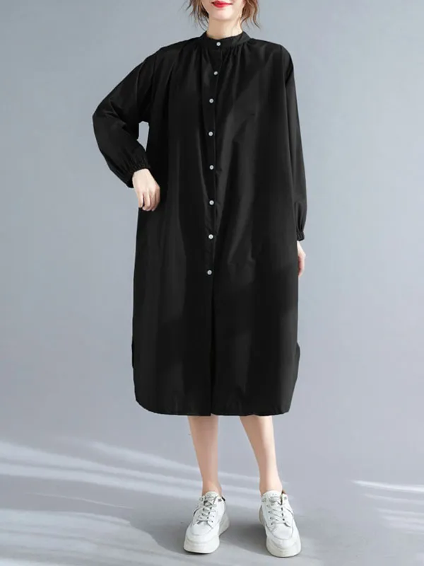 xakxx A-Line Long Sleeves Buttoned Elasticity Split-Side Mock Neck Midi Dresses Shirt Dress