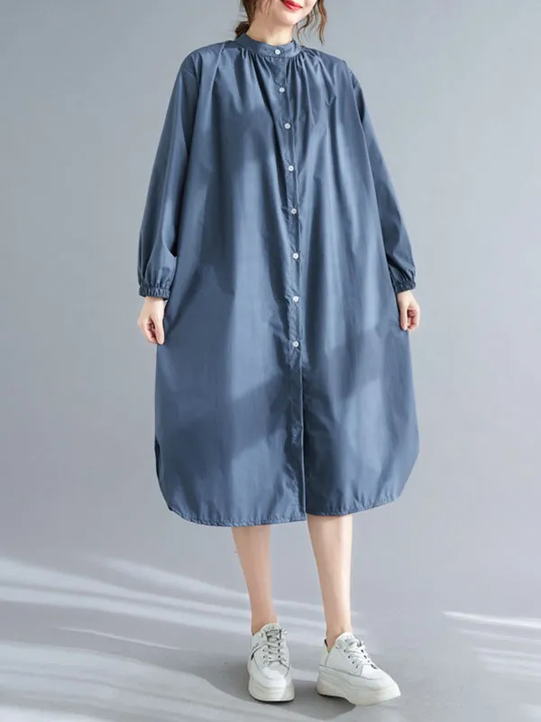 xakxx A-Line Long Sleeves Buttoned Elasticity Split-Side Mock Neck Midi Dresses Shirt Dress
