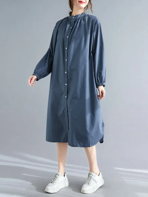 xakxx A-Line Long Sleeves Buttoned Elasticity Split-Side Mock Neck Midi Dresses Shirt Dress